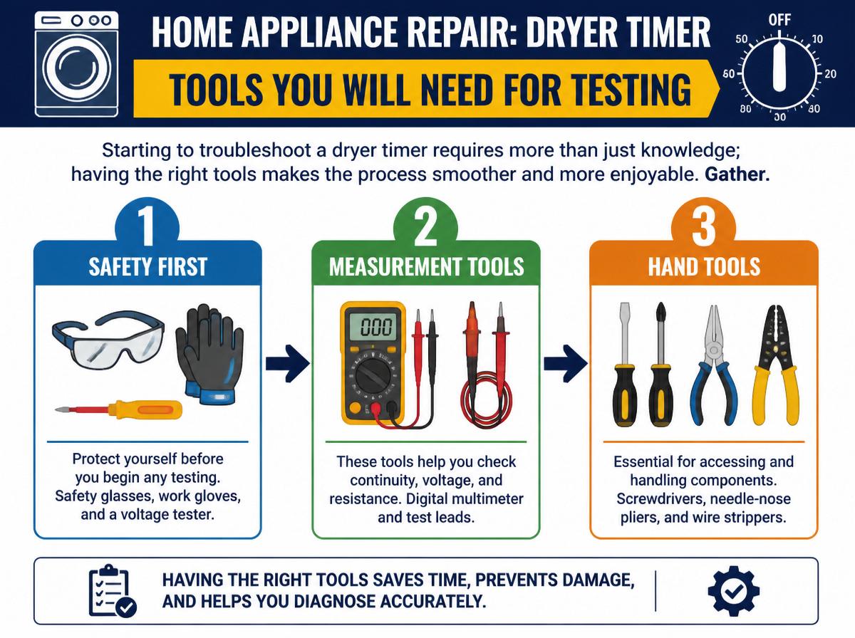 Step-by-step infographic: Troubleshooting Common Dryer Timer Problems: A Step-by-Step Guide to Testing: Tools You Will Need for Testing