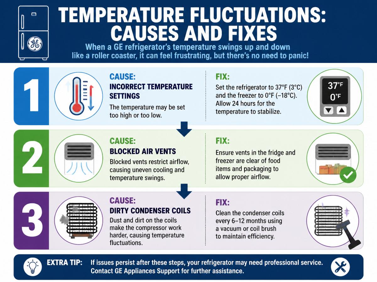 Step-by-step infographic: Troubleshooting GE Refrigerator Common Problems and Solutions: Temperature Fluctuations: Causes and Fixes
