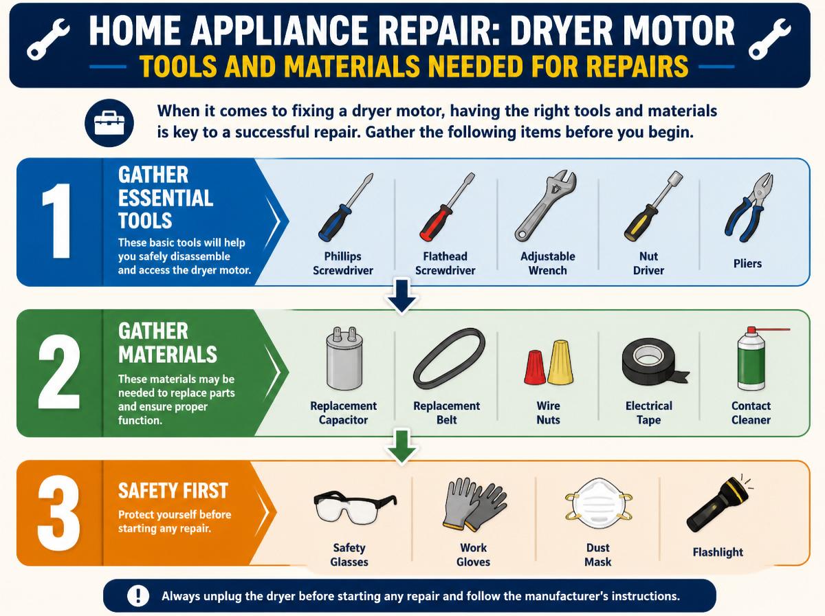 Step-by-step infographic: Complete Guide to Understanding and Repairing a Dryer Motor: Tools and Materials Needed for Repairs