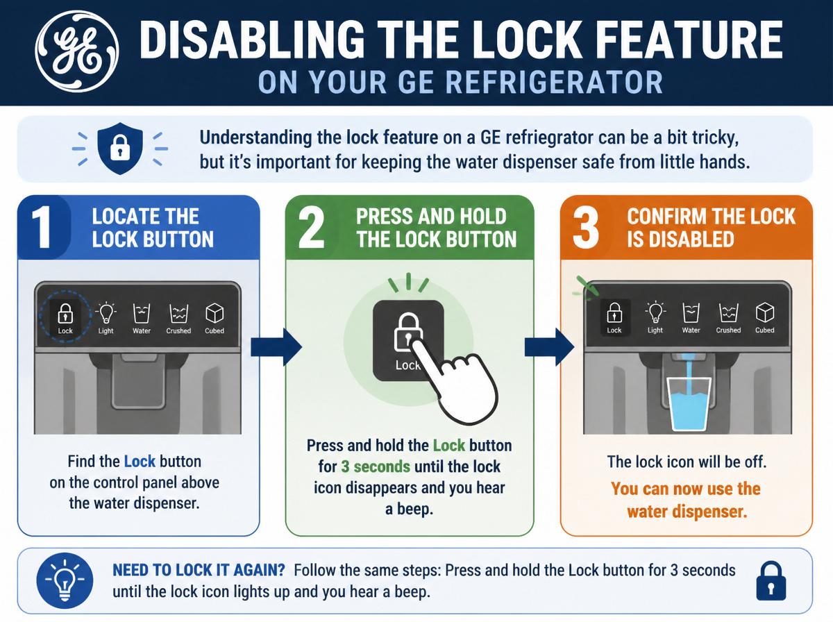 Step-by-step infographic: Unlock Your GE Refrigerator Water Dispenser – Step-by-Step Guide: Disabling the Lock Feature