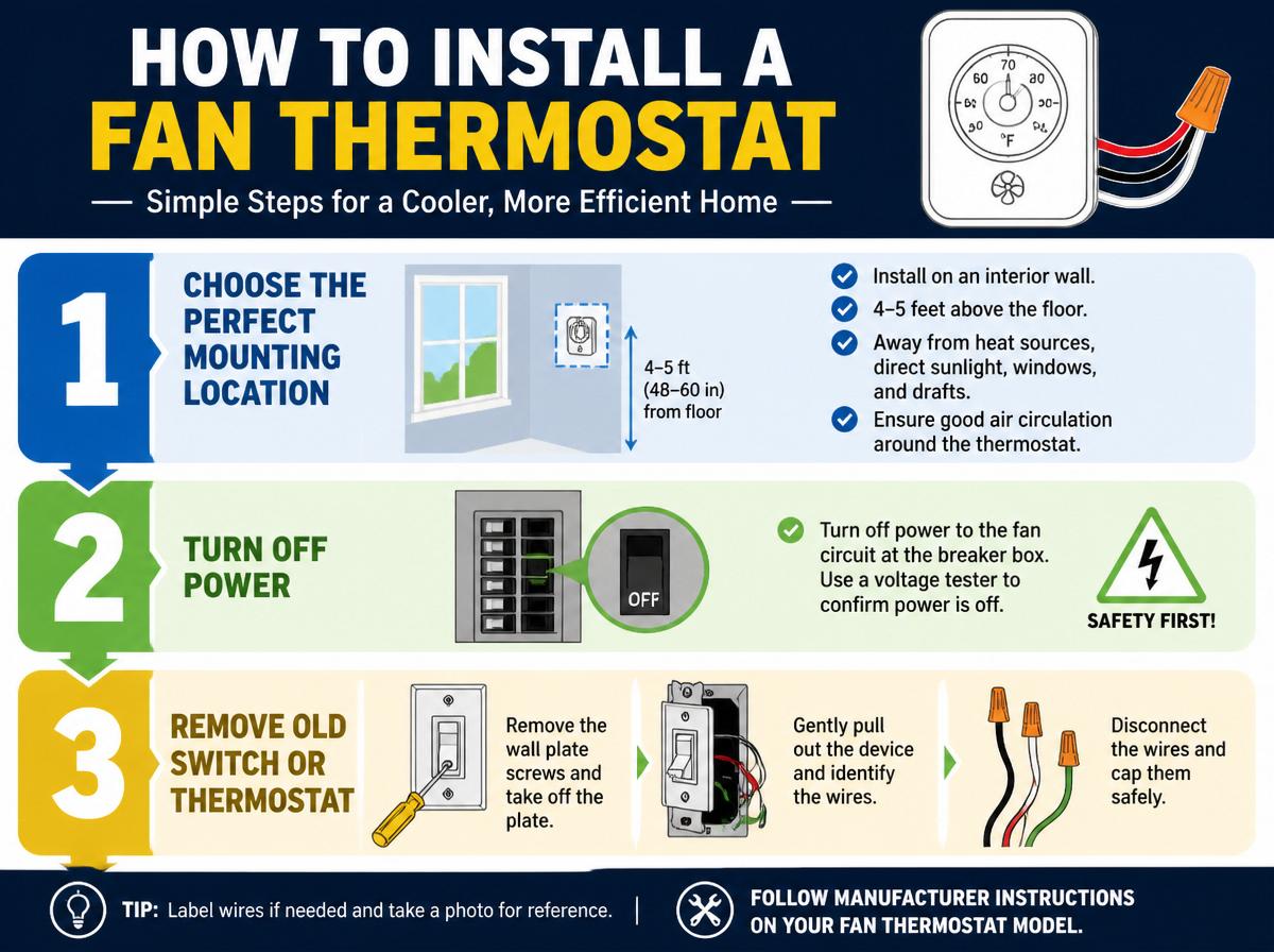 Step-by-step infographic: Complete Guide: What Is a Fan Thermostat and How Does It Work?: How to Install a Fan Thermostat