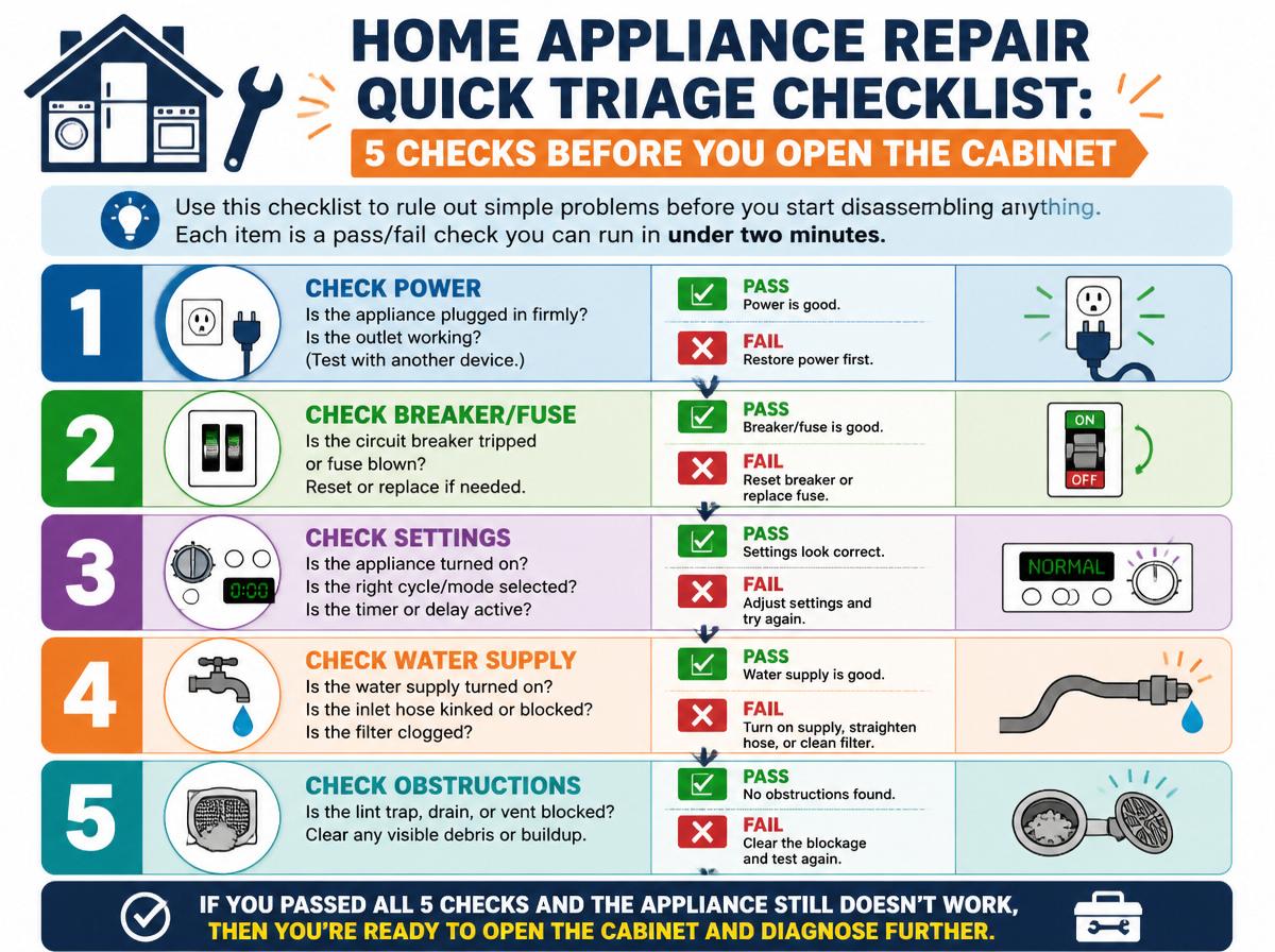 Step-by-step infographic: Whirlpool Washer Troubleshooting: Common Problems and Complete Fix Guide: Quick Triage Checklist: 5 Checks Before You Open the Cabinet